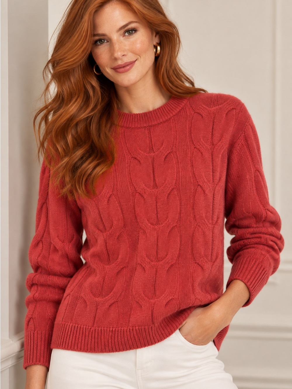 Kilte Los Angeles Burnt Orange Cashmere Cable Knit Crewneck Sweater NWOT
